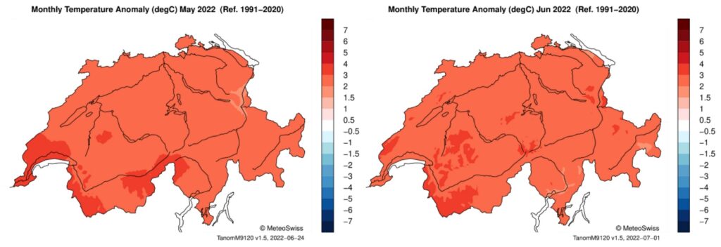 Mapa de l'anomalia de temperatura a Suïssa els mesos de maig (esquerra) i juny (dreta) del 2022.