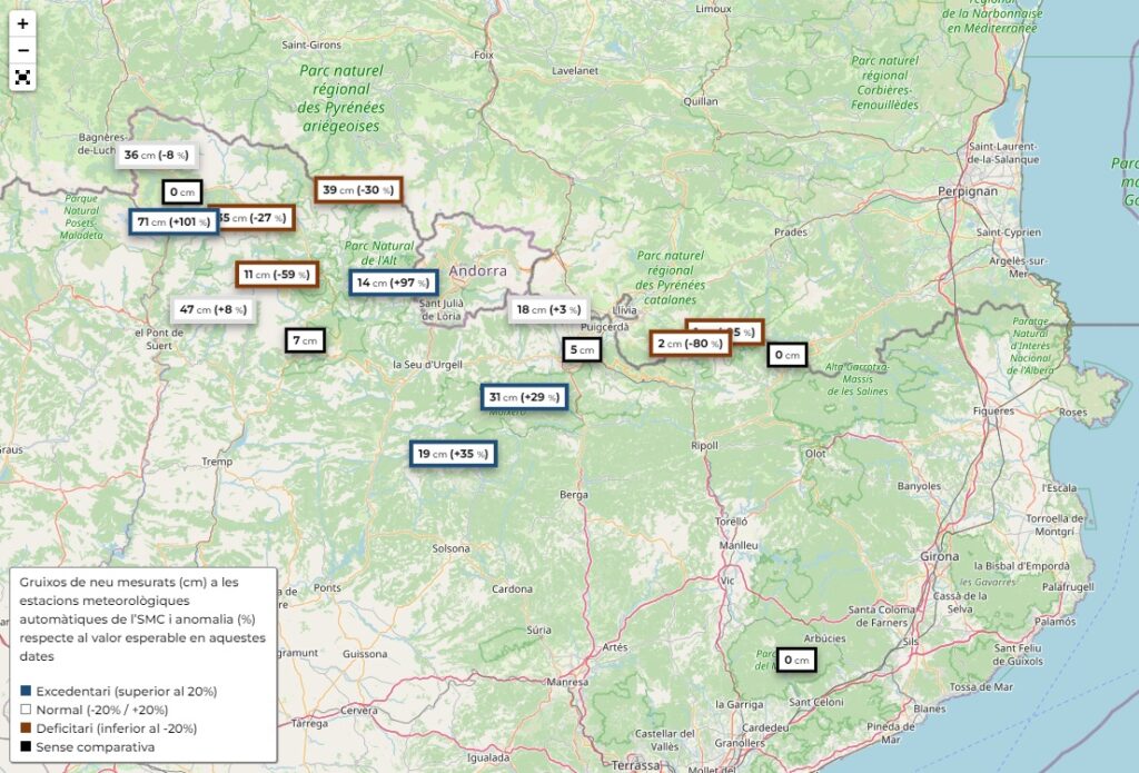 Mapa amb els valors de gruixos de neu mesurats a les estacions meteorològiques automàtiques de l'SMCd'una part de Catalunya