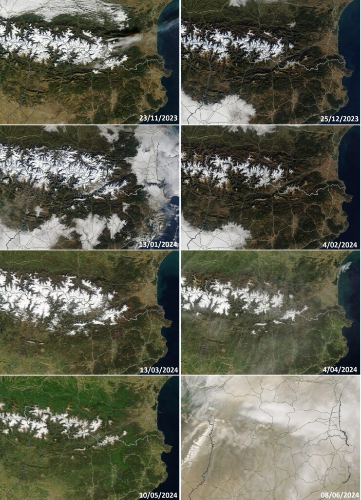 Imatges de satèl.lit que mostre l'extensió de la neu al Pirineu durant 8 moment de la temporada hivernal 2023-2024