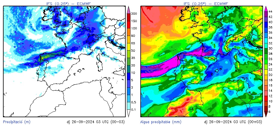 Mapes de la precipitació acumulada en 3 h i d'aigua precipitable al sector sinòptic de la península Ibèrica la matinada del dia 26 de setembre de 2024. 