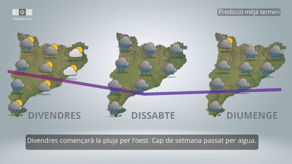 Mapa amb la predicció general a mitjà termini (divendres, dissabte i diumenge vinents) a Catalunya.