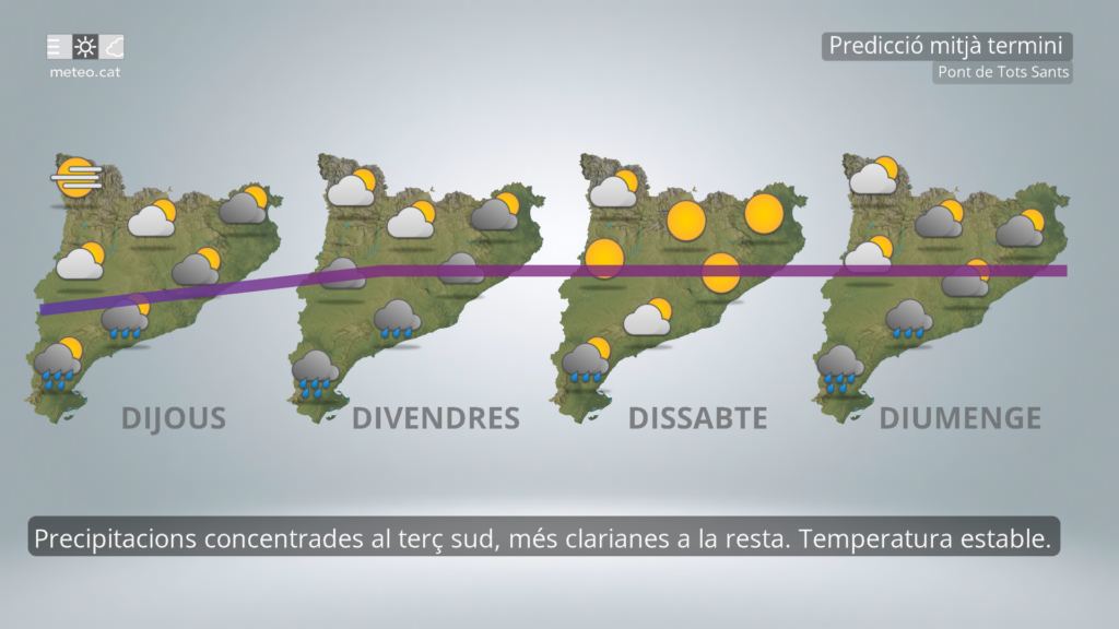 Mapa amb la predicció general a mitjà termini (dijous, divendres, dissabte i diumenge vinents) a Catalunya.